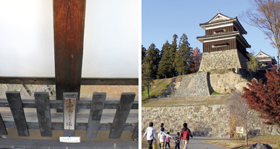 「上田城跡公園内のやぐら」上田城には天守閣がありませんが、やぐらには敵が石垣を登ってきたときに石を落とす穴や、弓を射るための窓穴など、戦のための備えが随所にあり、見どころの一つとなっています