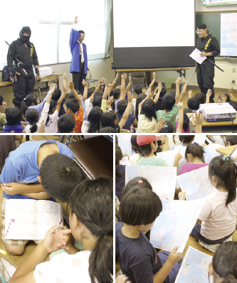 野崎西小学校で行われた授業風景 児童たちは積極的に辞書を引いたり、地図を見たりして忍者の質問の答えを探します