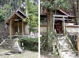 同町上津木の老賀八幡神社と同町下津木の三輪妙見社。山間にあり、地元の氏神として信仰されています。獅子舞や餅まきの行事などが今も守り続けられています