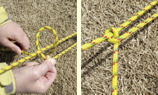 1.ロープの元に結び目を1つ作り、ロープの端を上に引っ張ります