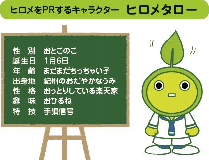 ぼくはヒロメタロー。「紀州ひろめ」を広めることが任務。海育ちなのに泳げないんだ。でも、ヒロメの葉をゆらゆらさせて、一生懸命ヒロメの情報を収集して発信しているんだよ。なんと、白浜町出身のミュージシャン・古家学さんが、「紀州ひろめをヒロメタロー」という曲も作ってくれたんだ