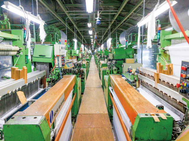 広々とした工場内に織機が整然と並び、生地を織り上げていきます