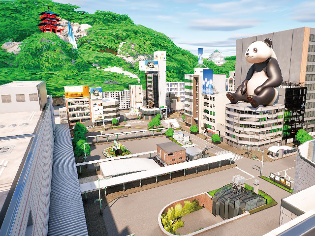 ビルの上に座る巨大なパンダや那智の滝など、和歌山が誇る観光資源を配置した、ユーモアあふれる和歌山駅前のマップ