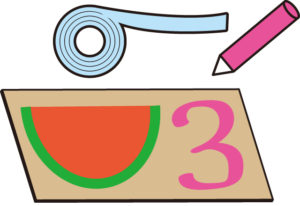 ②長方形の段ボール紙にスイカの絵と数字をかいて、上から透明のビニールテープを貼ります