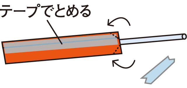 ②ストローの口を三角に折り曲げ、空気が漏れないようにしっかりとテープを貼り付けます