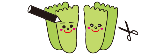 ①色画用紙を足形に 切って絵を描きます。2枚ずつ裏表になる ように絵を描いてね