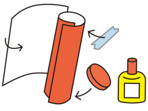 ①筒型のお菓子の空き箱を切って開き、底も切り取ります ②筒がひと回り細くなるように、1～2cmほど端を重ねてテープでとめて上から白い紙を巻きます。空き箱のふたを木工ボンドで貼り付けます