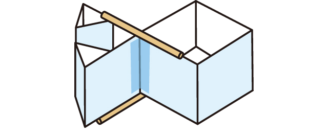 ②①をつなげてテープでとめ、半分に切った割り箸を交差するように貼り付けます