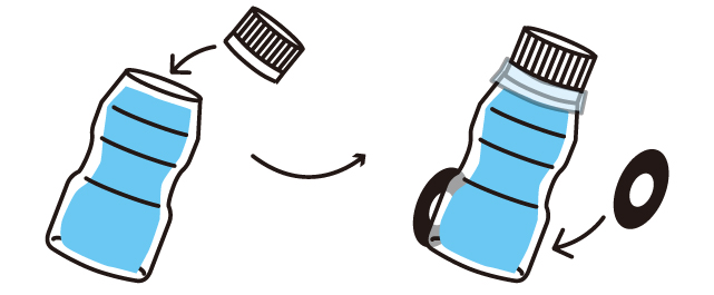 ペットボトルのキャップでふたをしてテープでとめ、厚紙でタイヤを作って貼ります