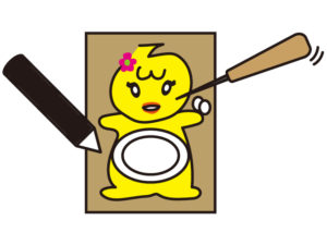 ①段ボールにお皿とこぴちゃんの絵を描き(子どもの似顔絵などでもOK)、毛糸が通るぐらいの穴を口に空けます